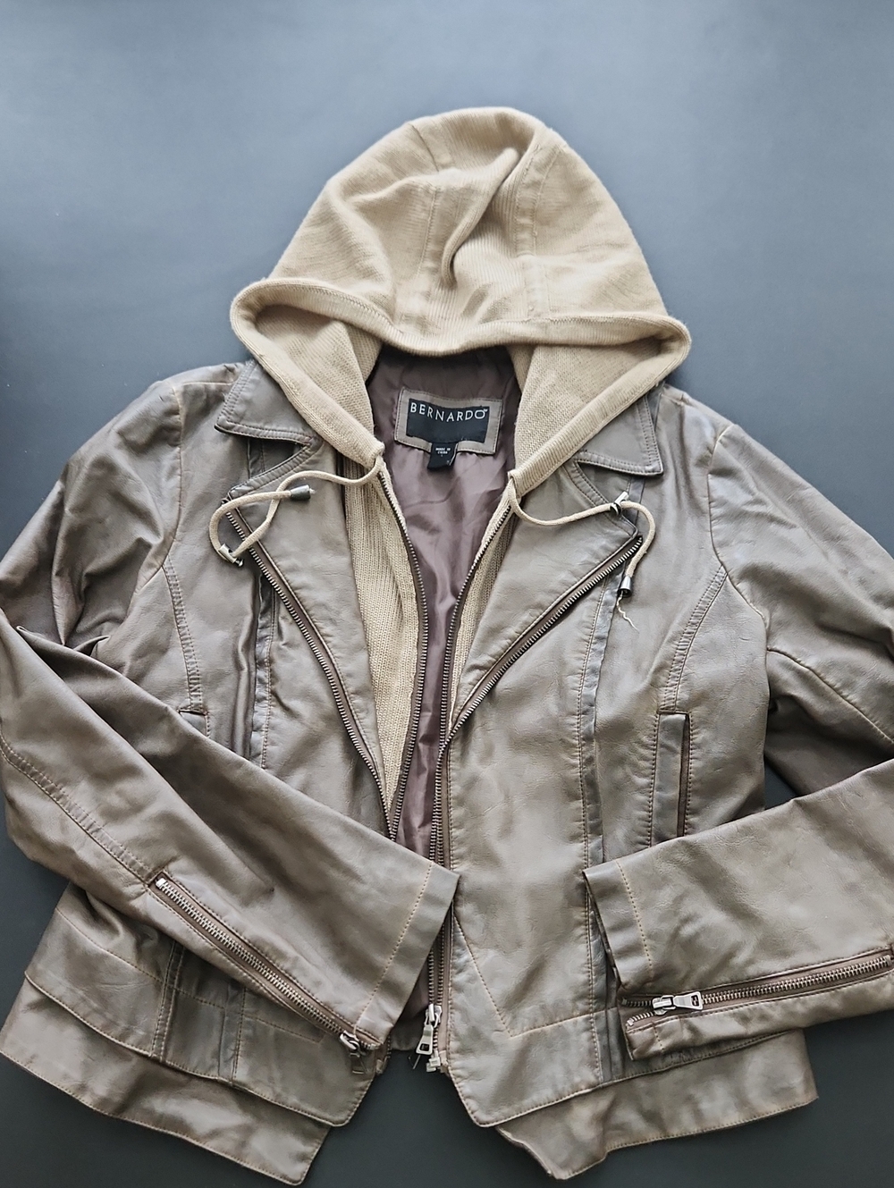 Bernardo Taupe Faux Leather Hooded Moto Jacket for Women With Removal Knit Hood